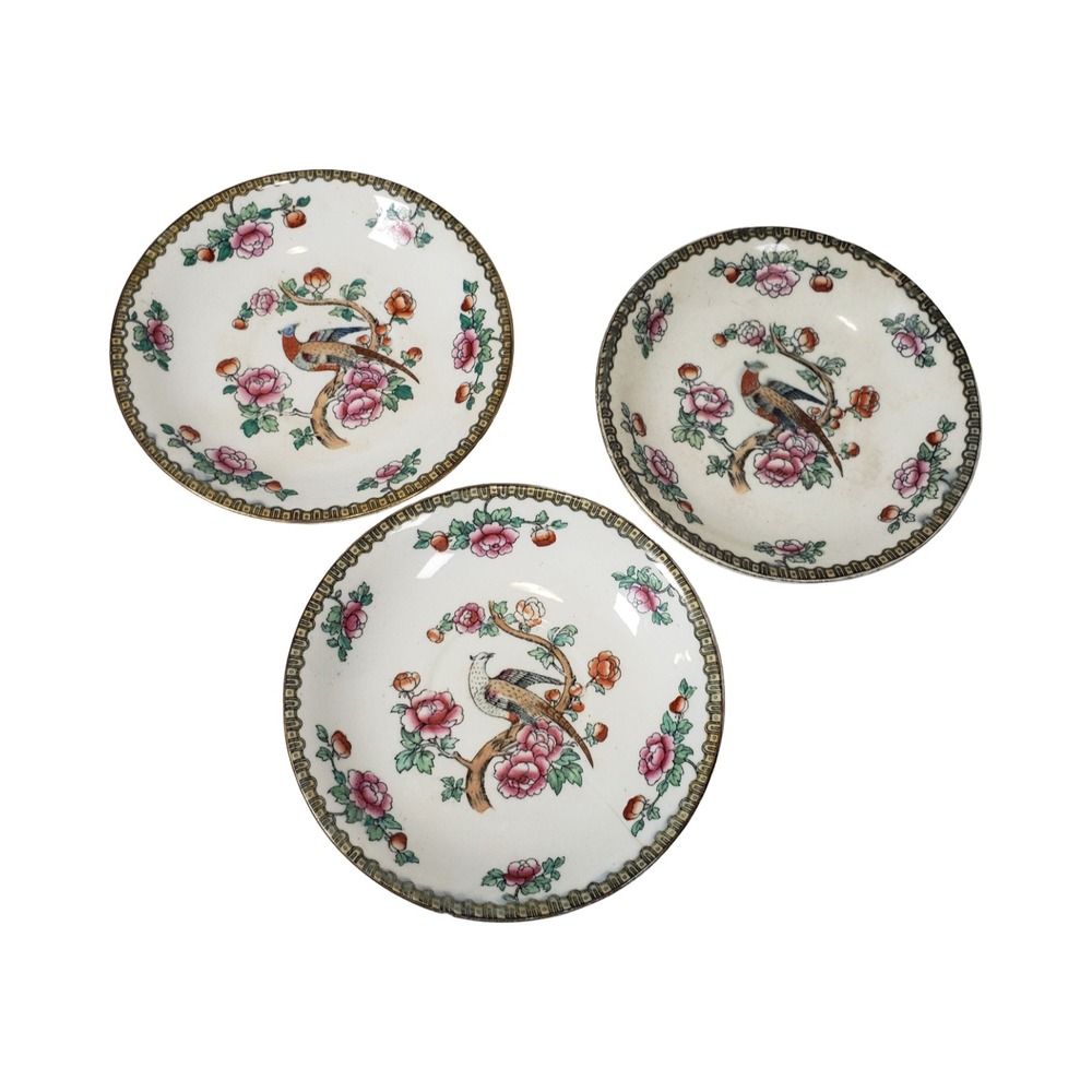 F Winkle Co Whieldon Ware Pheasant Saucers Set of 3 England Antique Ironstone